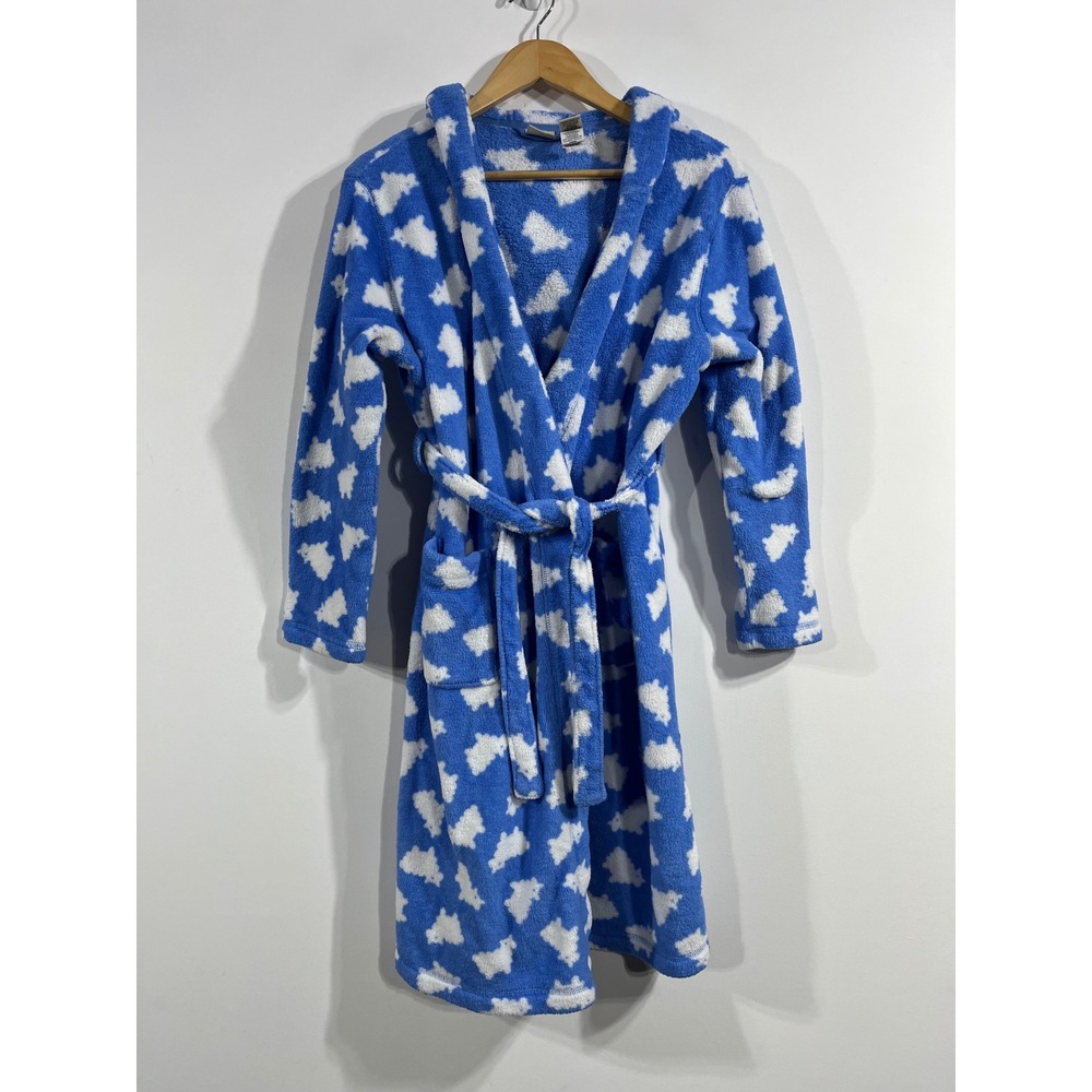 LL Bean Kids Blue White Sheep Fleece Hooded Robe Size Large  14-16 Lounge Cozy